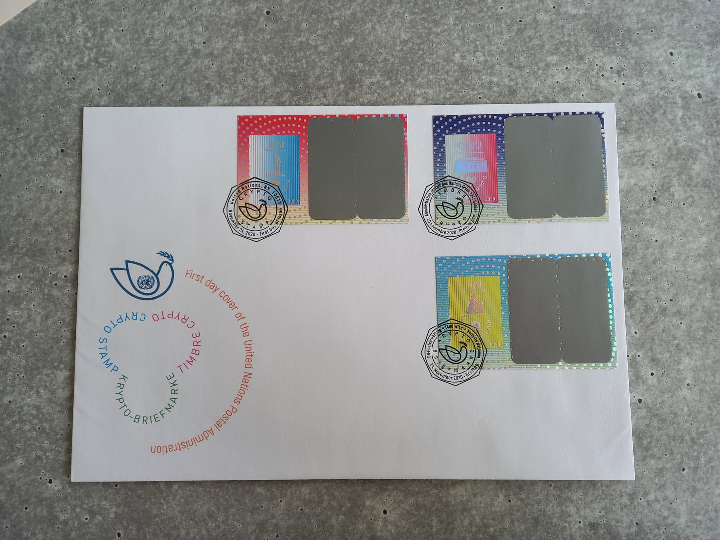 First Day Cover - United Nations Crypto Stamp (all three stamps on one envellope)