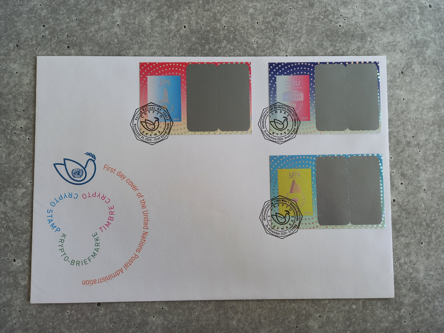 First Day Cover - United Nations Crypto Stamp (all three stamps on one envellope)