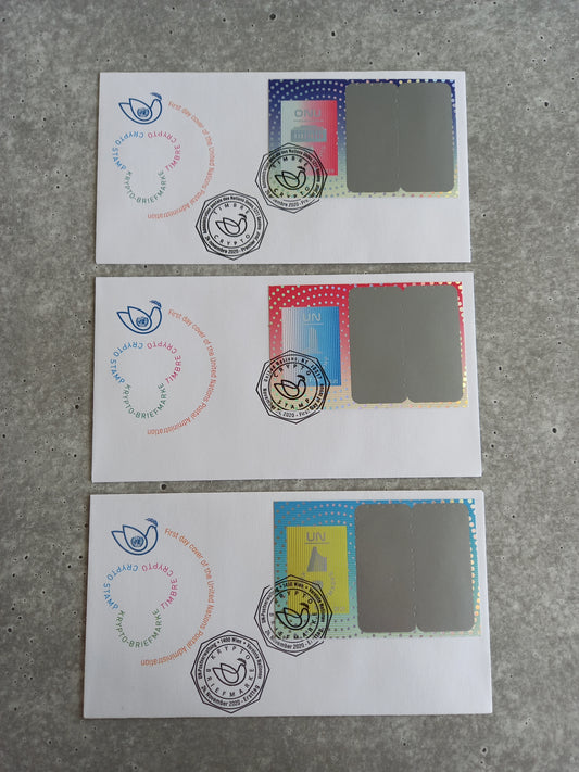 First Day Cover - United Nations Crypto Stamp (Set of three FDCs)