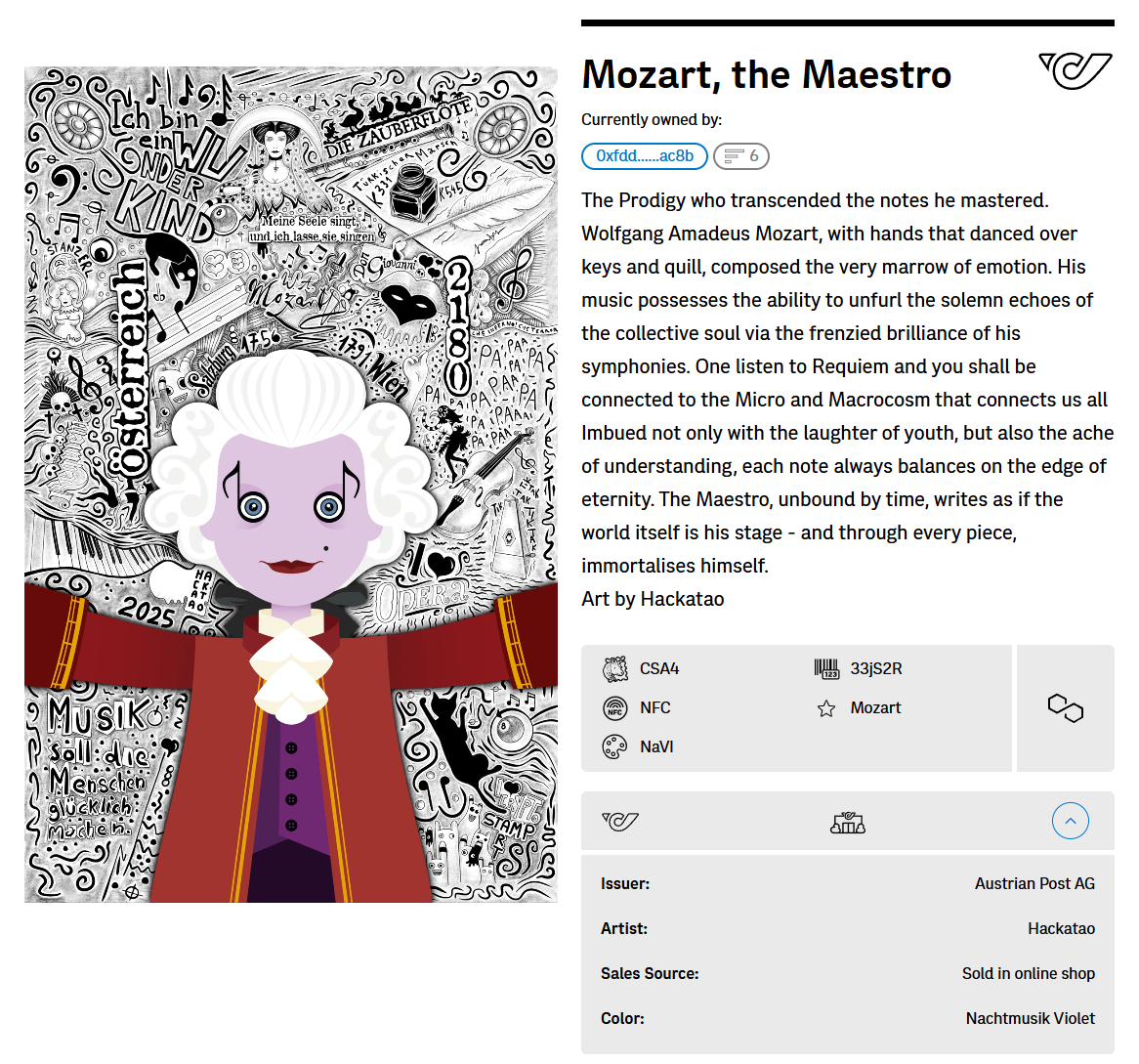 Hackatao Crypto Stamp 2: Llamar and Mozart - FDC Set of all 4 motives (violett)