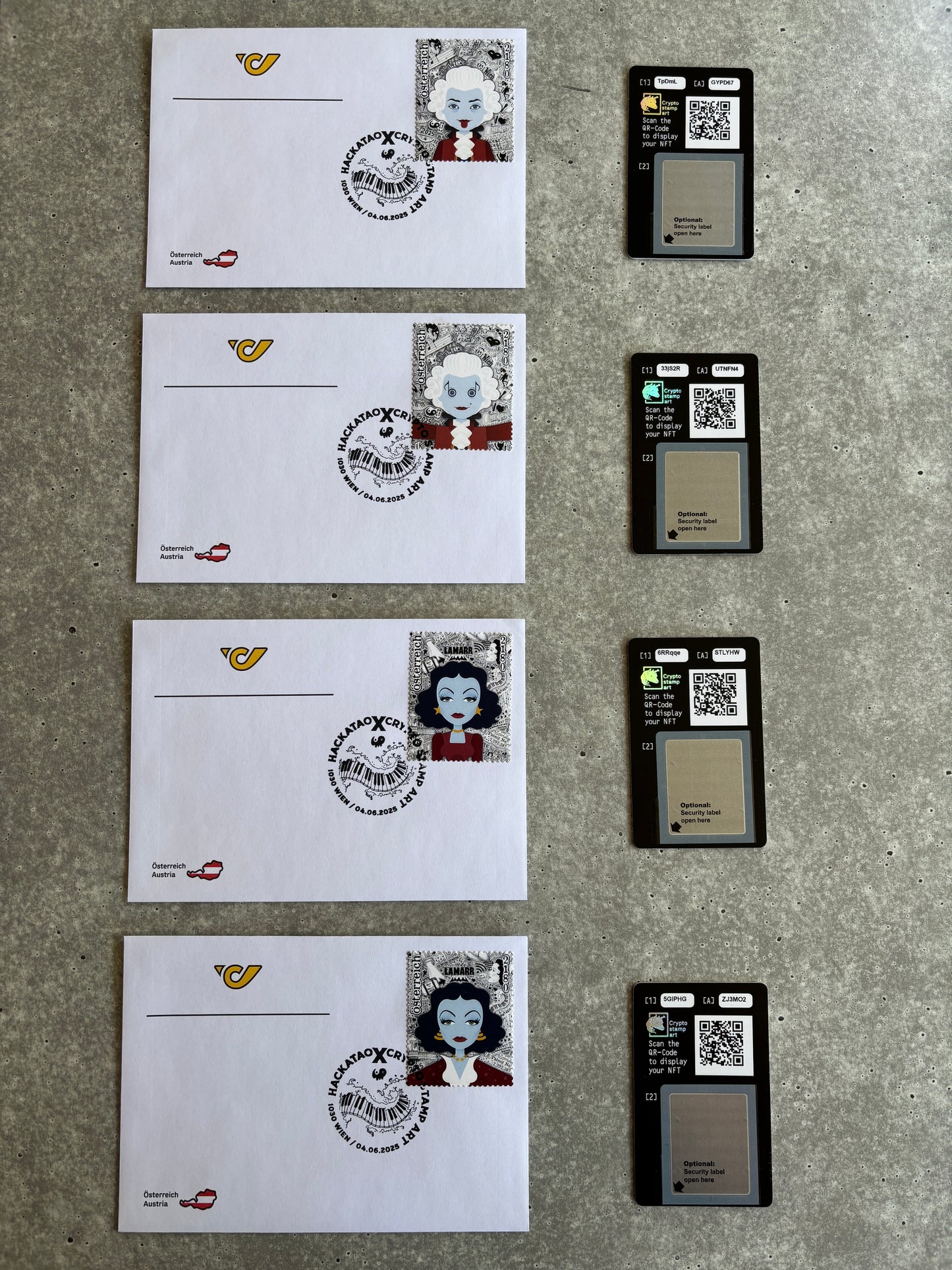 Hackatao Crypto Stamp 2: Llamar and Mozart - FDC Set of all 4 motives (violett)