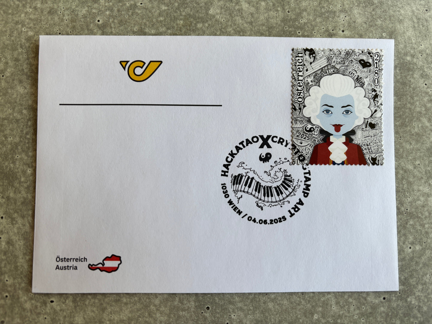 Hackatao Crypto Stamp 2: Llamar and Mozart - FDC Set of all 4 motives (violett)