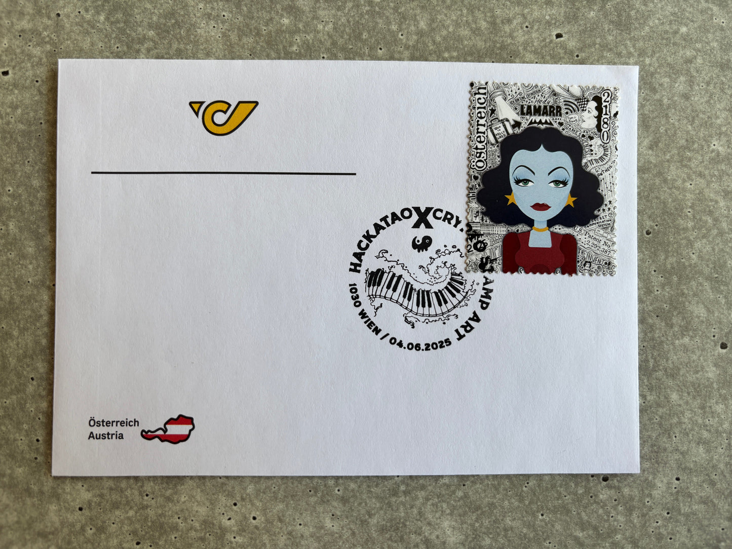 Hackatao Crypto Stamp 2: Llamar and Mozart - FDC Set of all 4 motives (violett)