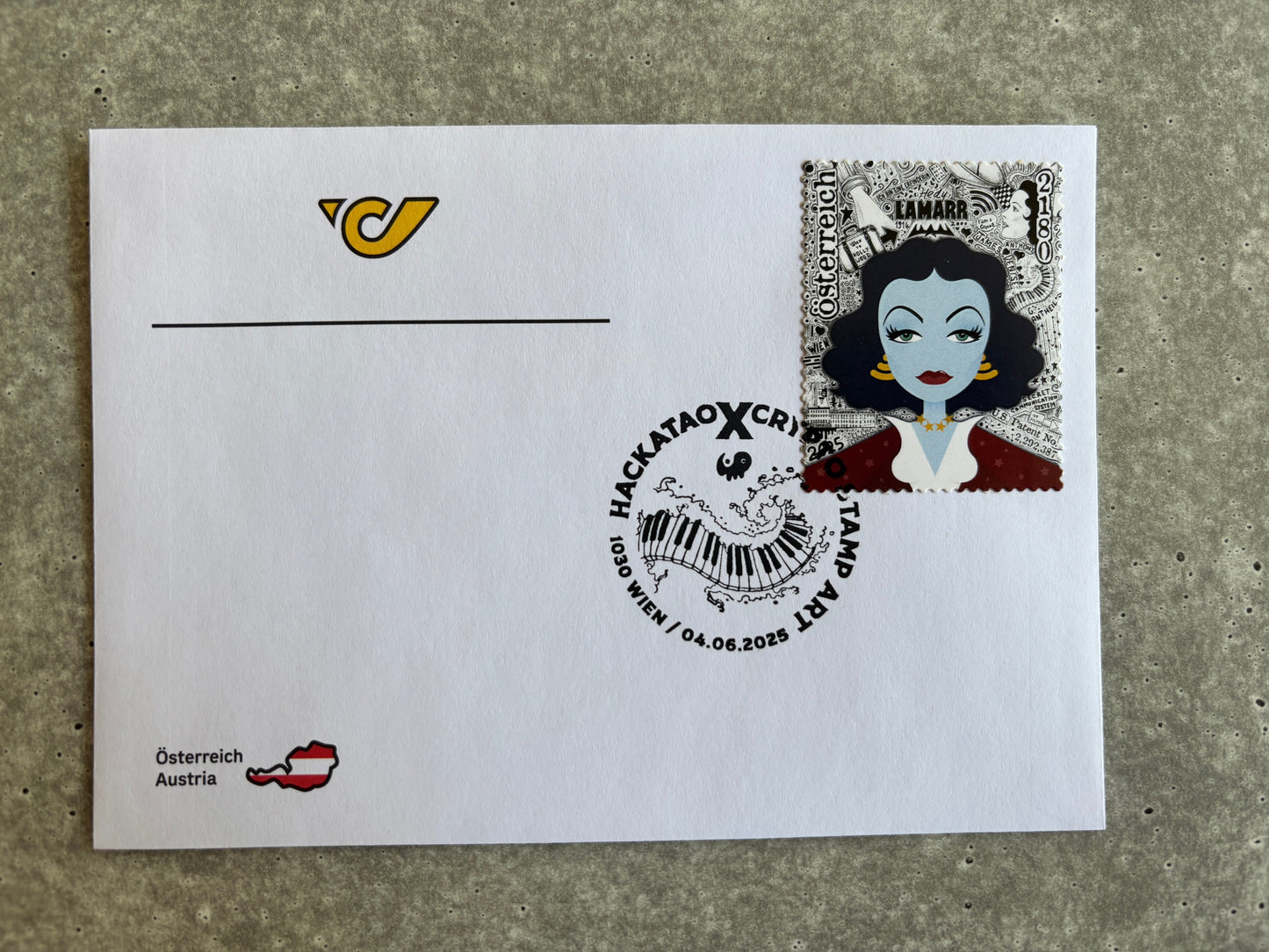 Hackatao Crypto Stamp 2: Llamar and Mozart - FDC Set of all 4 motives (violett)