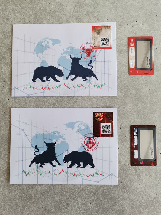 First Day Cover - Set of CS4 Bull & CS5 Bear FDC (blue stamp and crystal stamp)