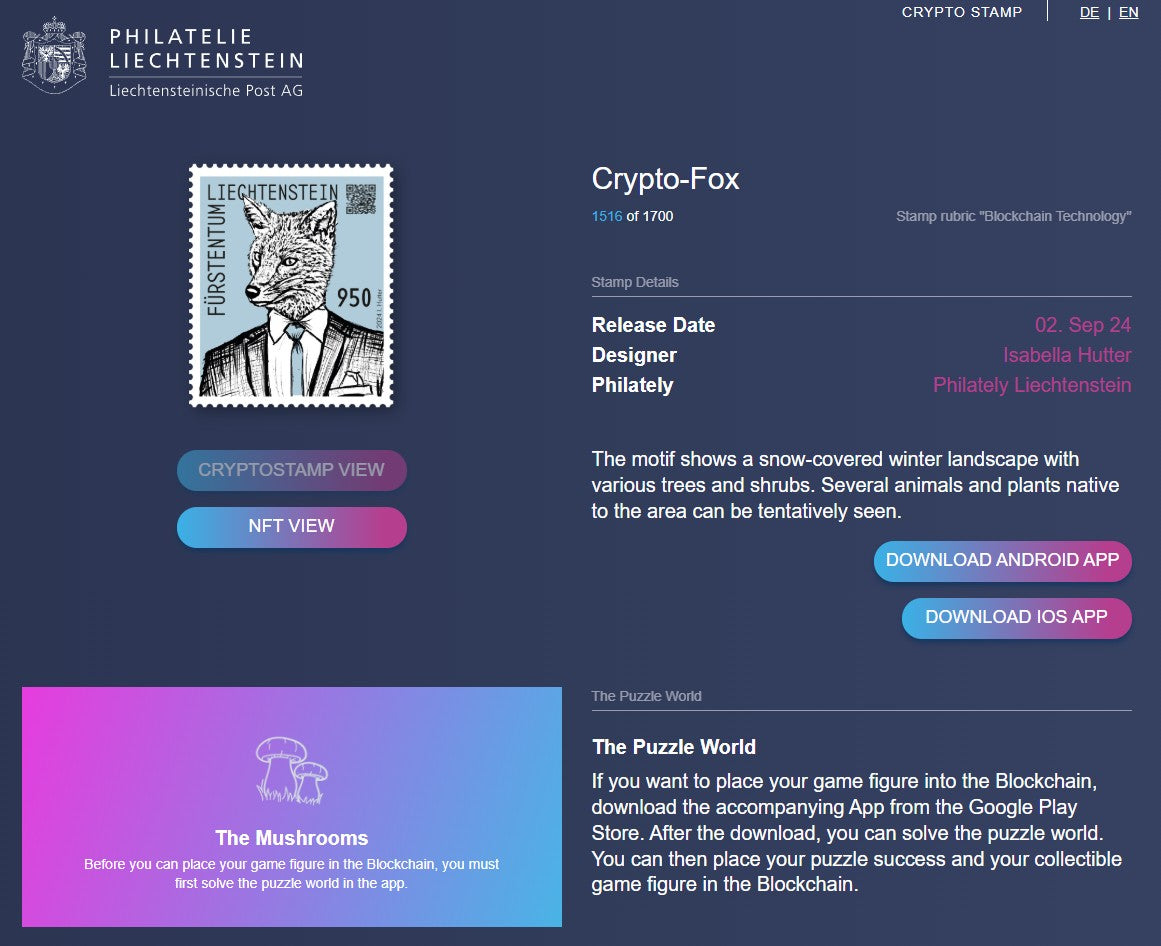 Liechtenstein Crypto Stamp - Crypto Fox Winter-Edition (The Mushrooms)