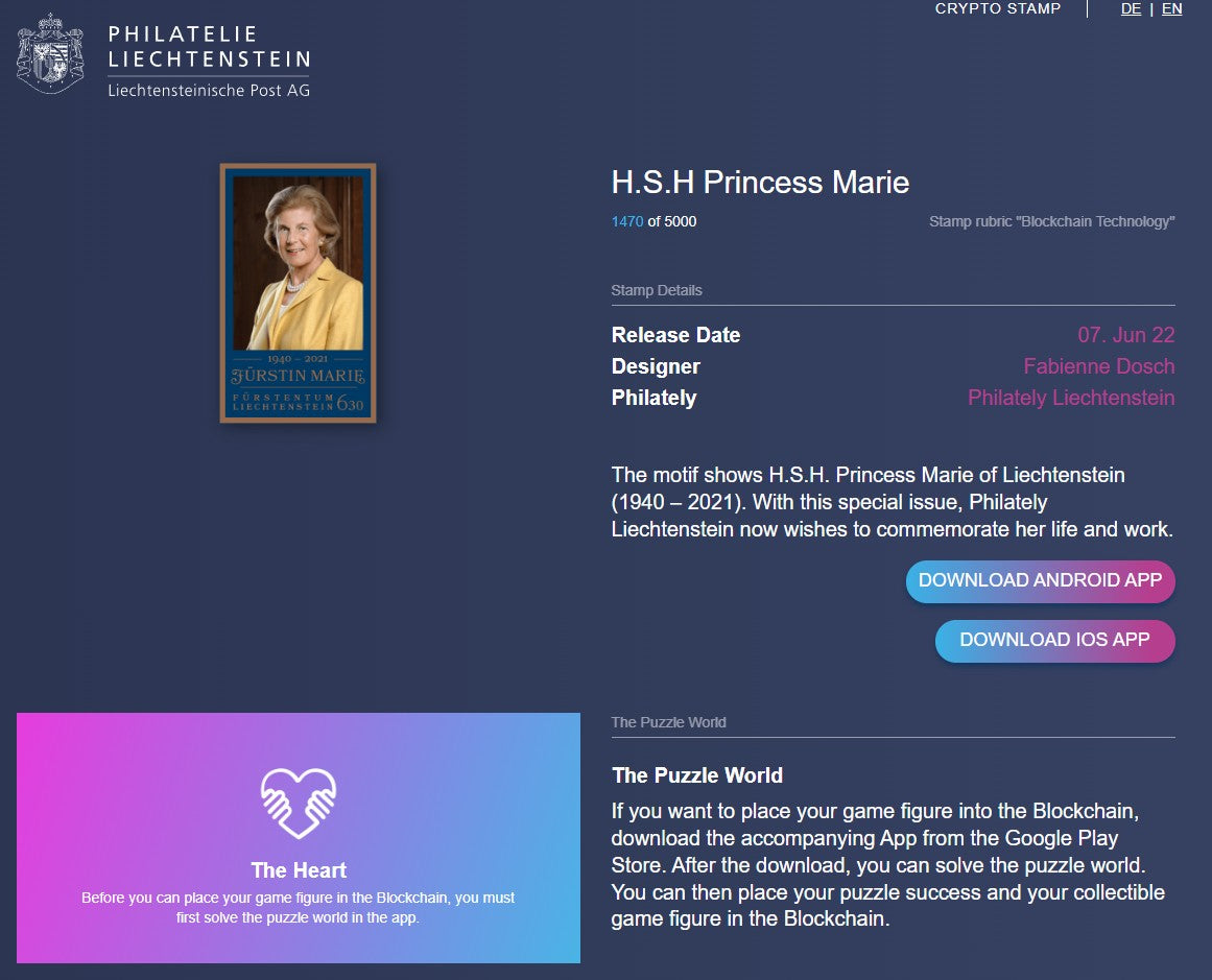 Liechtenstein Crypto Stamp - In memoriam of Princess Fürstin Marie (The Heart)