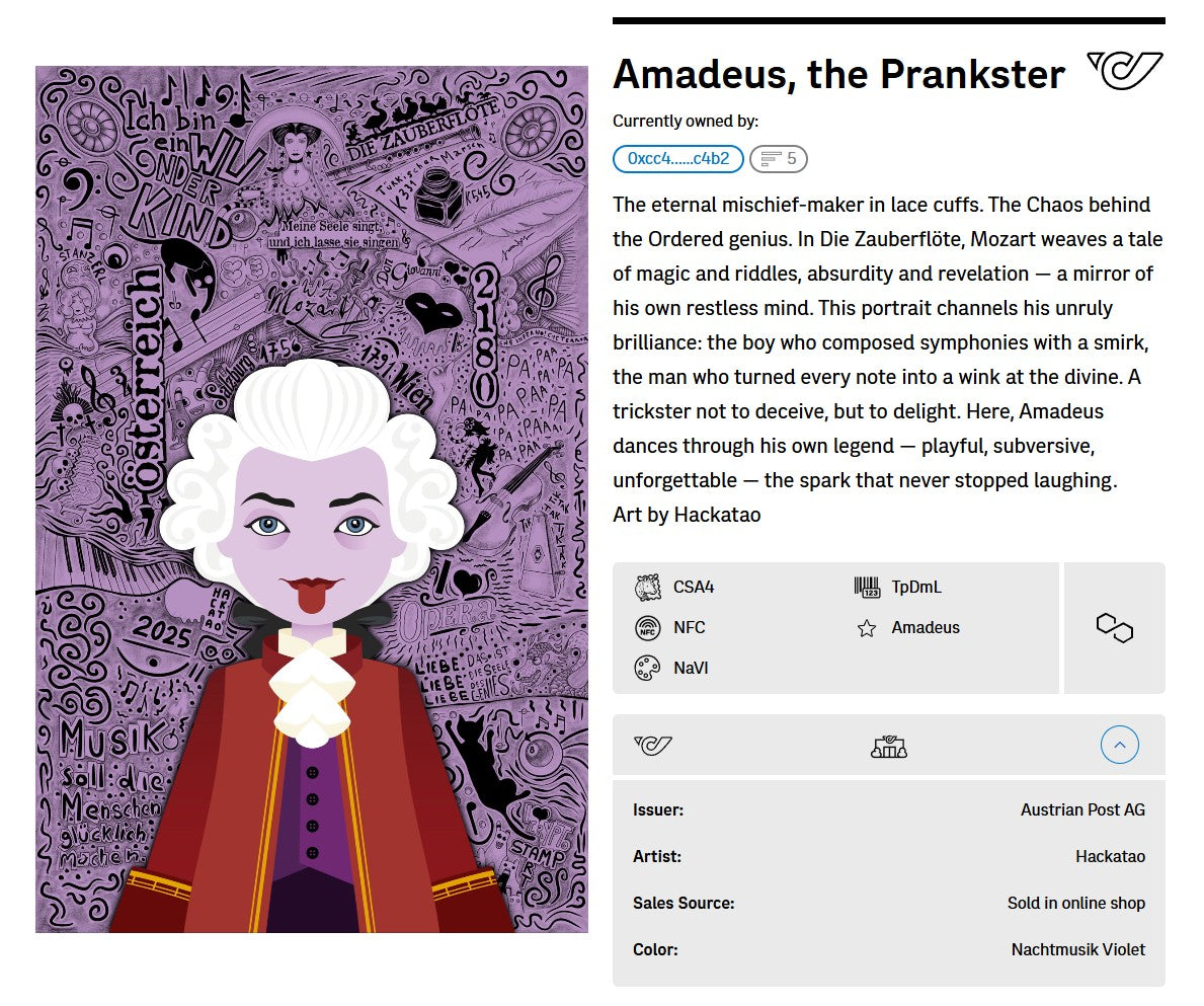 Hackatao Crypto Stamp 2: Llamar and Mozart - FDC Set of all 4 motives (violett)